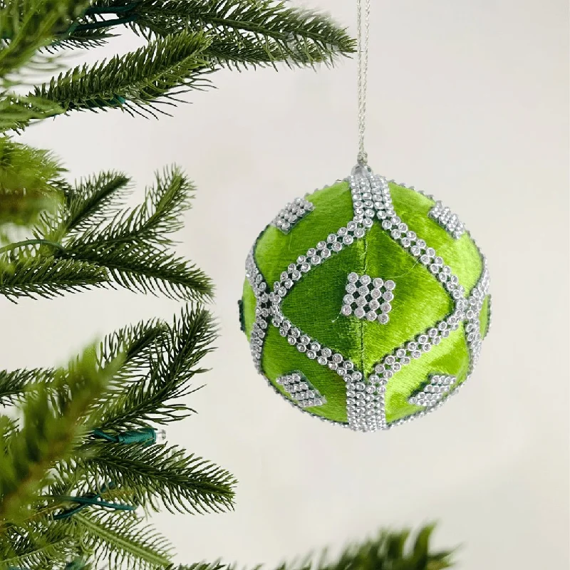 Lime Green Velvet Ball Ornament with Crystal Rhinestones