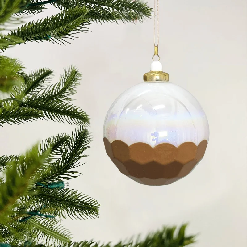 Hand-Blown, Multi-Faceted White & Gold Ball Ornament