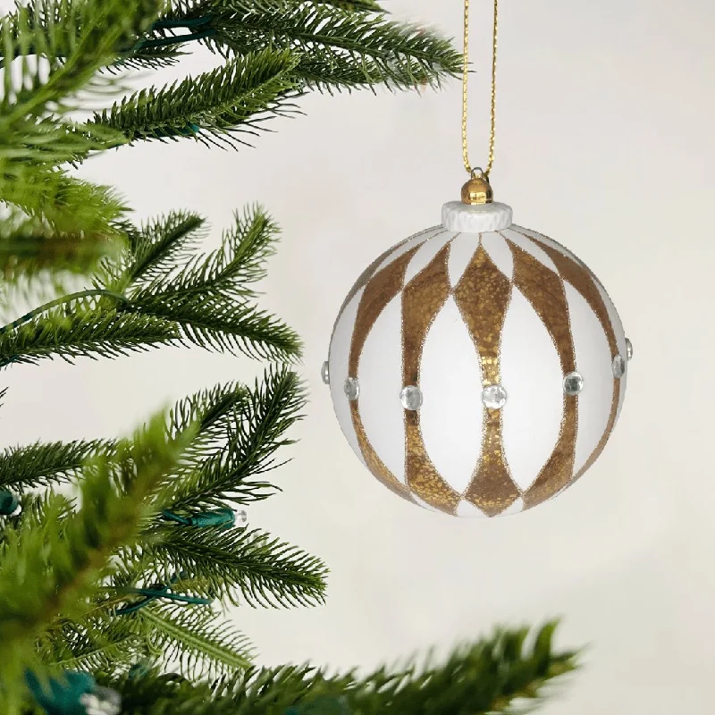 Hand-Blown White & Gold Glass Ornament with Rhinestones