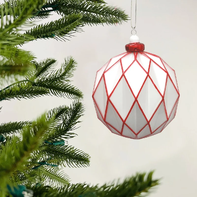 Hand-Blown White & Red Faceted Glass Ornament