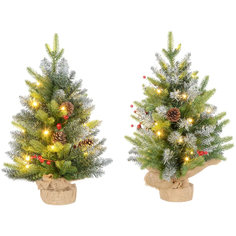 2x 2ft Burlap Base Christmas Tree Artificial - White Frosted Green with LED Lights Warm White 141 Tips