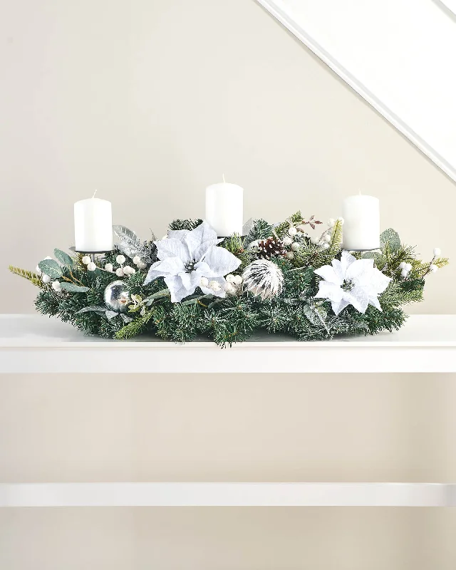 3 Pillar Decorated Garland Candle Holder, White/Silver, 76 cm