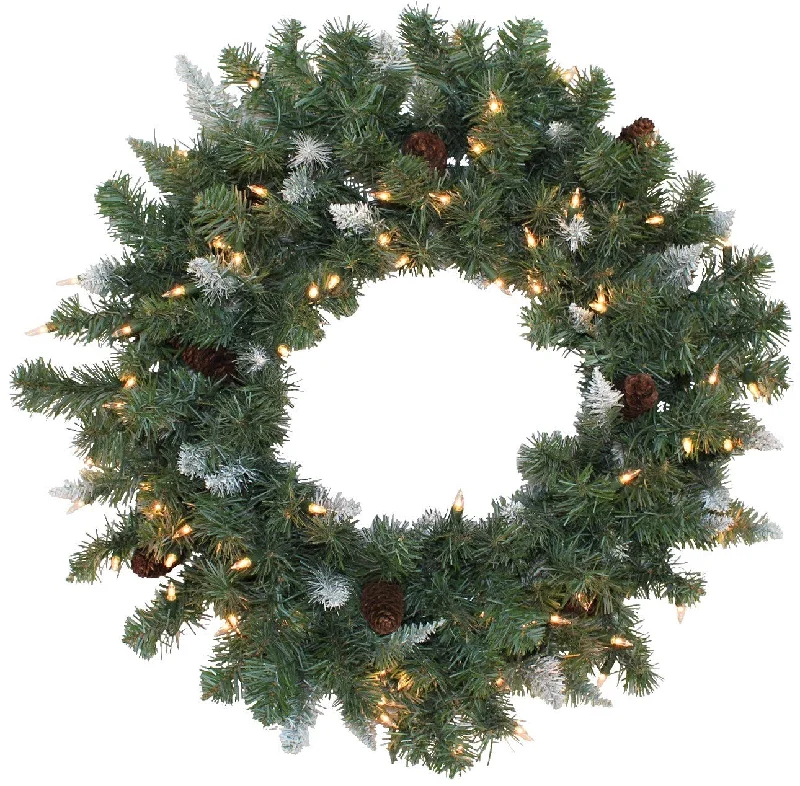 30" Pre-Lit Montana Wreath with White Tips and Pine Cones