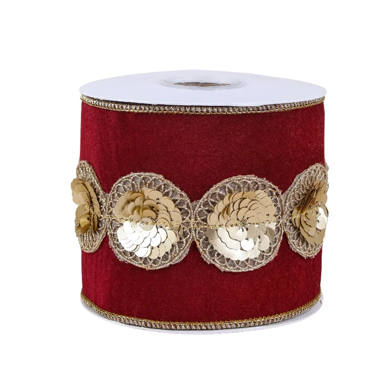 4 in. HGTV Home Collection Sequin Beaded Velour Velvet Ribbon, Burgundy