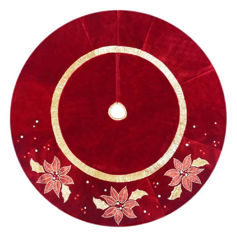 48" Burgundy Applique and Embroidered Poinsettia Velvet Christmas Tree Skirt