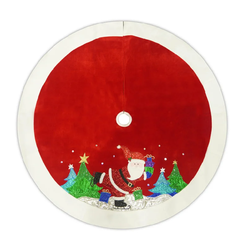 48" Red Velvet Metallic Embroidered Ice Skating Santa Christmas Tree Skirt