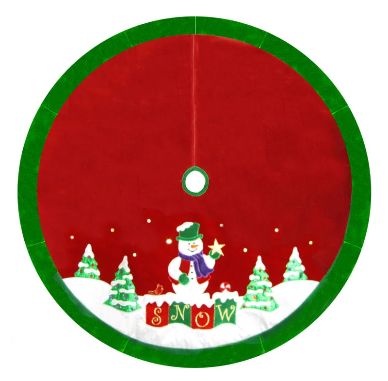 48" Red Velvet Metallic Embroidered Snowman Christmas Tree Skirt with Green Border