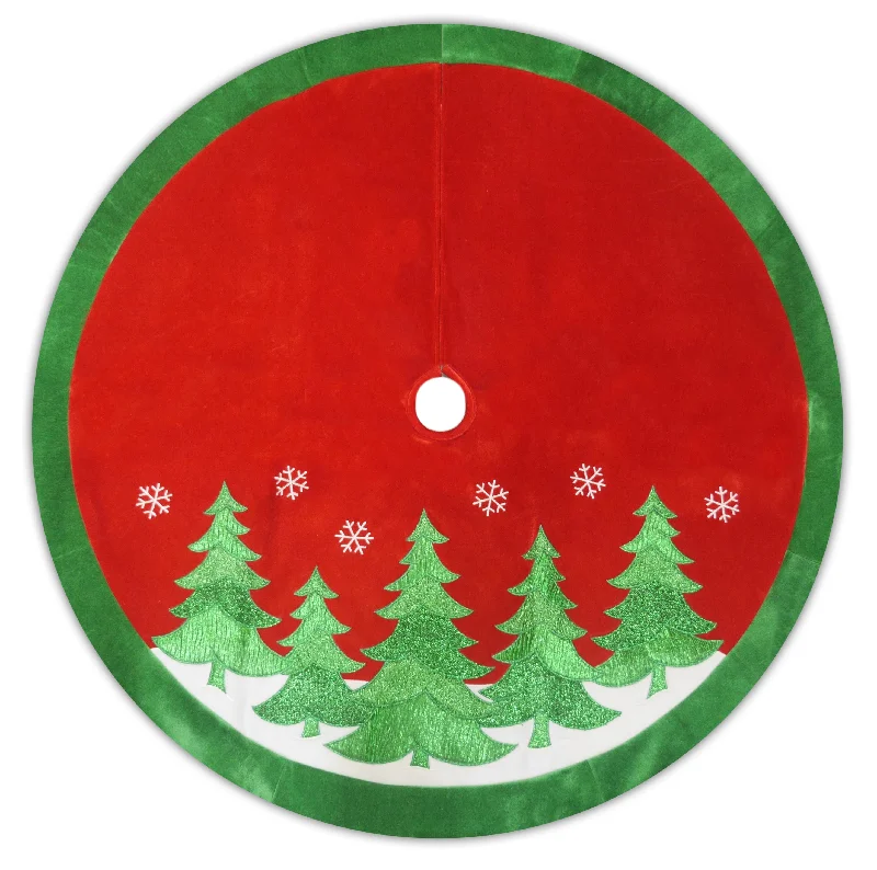 48" Red Velvet Christmas Tree Skirt with Green Appliqued Trees