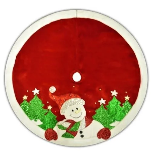 48" Red Velvet Metallic Embroidered Snowman Christmas Tree Skirt with Faux Fur Border