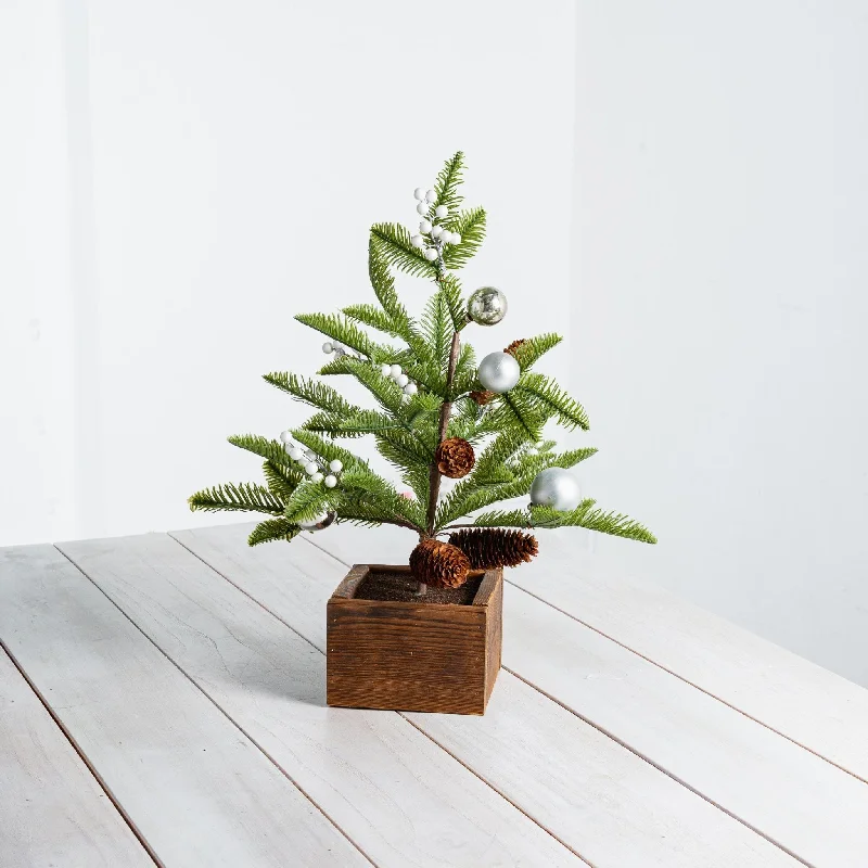 Christmas Tree Table Top White/Silver Bauble, Berries & a Wooden Base