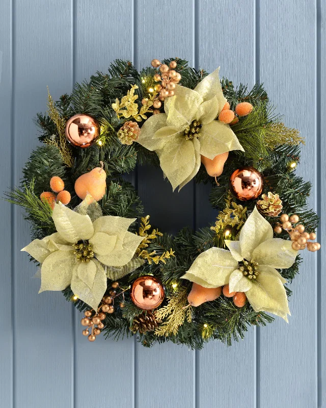 Pre-Lit Decorated Wreath, Copper/Gold, 60 cm