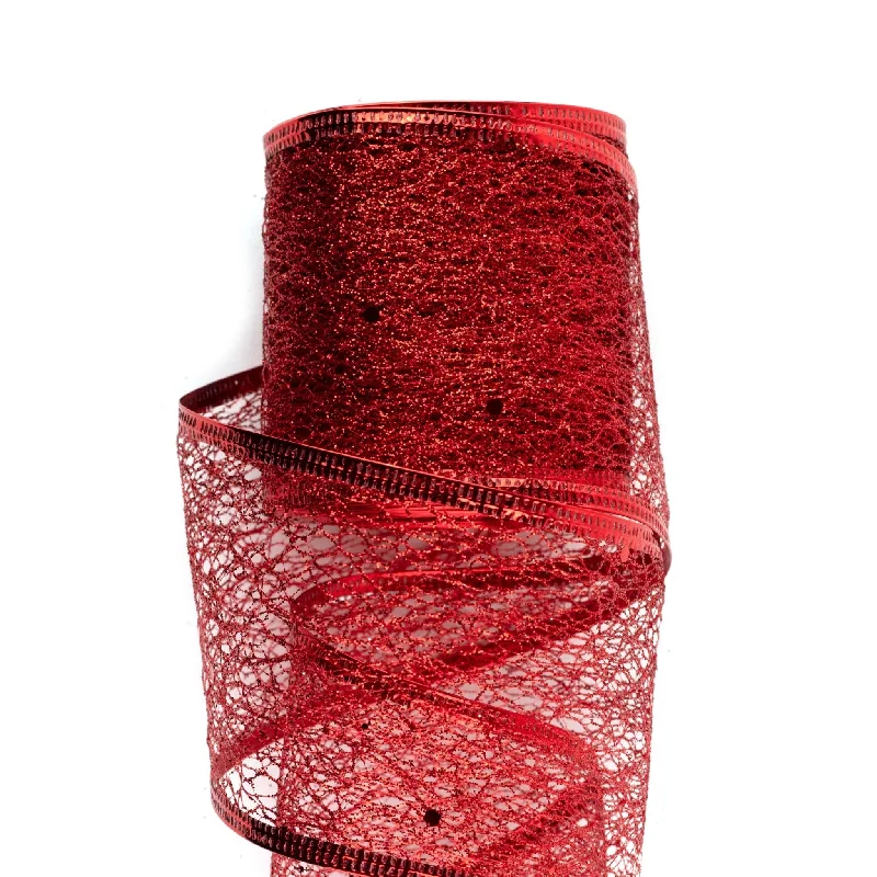 63mm x 9M Red Metallic Mesh Wired Ribbon 6309033