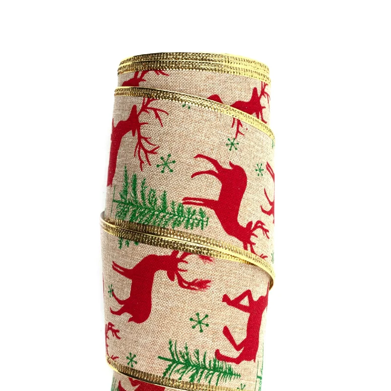 63mm x 9M Red Reindeer Wired Ribbon 6309030