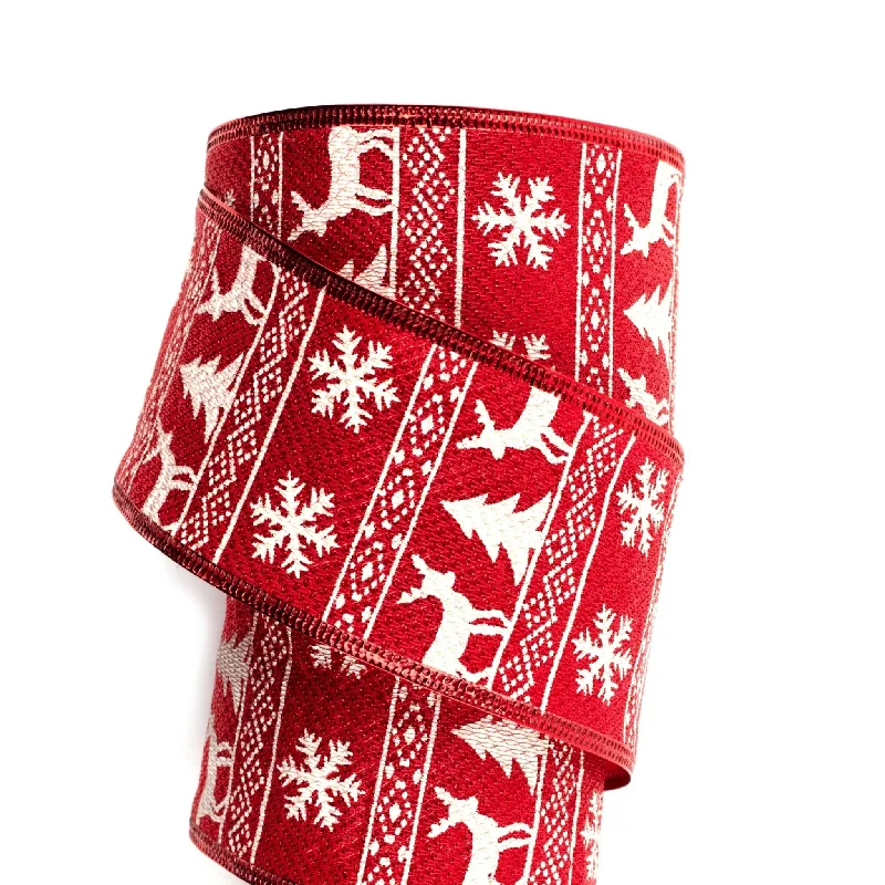 63mm x 9M White Reindeer Wired Ribbon 6309025