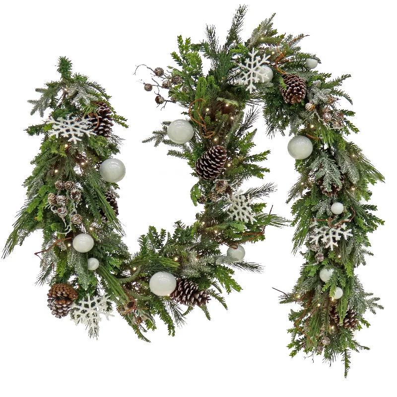 9 ft. Pre-Lit Alpine Decorated Garland with Warm White LED Lights