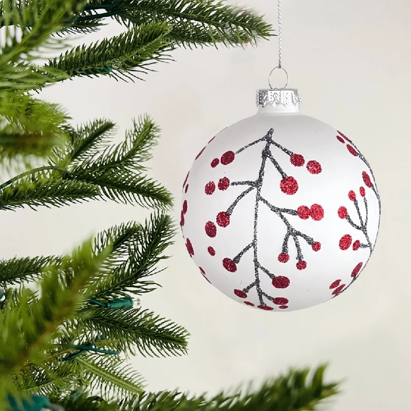 Matte White Ball Ornament with Red Winterberries