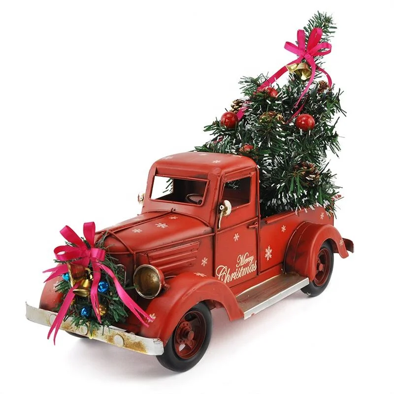 Farmhouse Red Truck Metal Truck with Christmas Tree