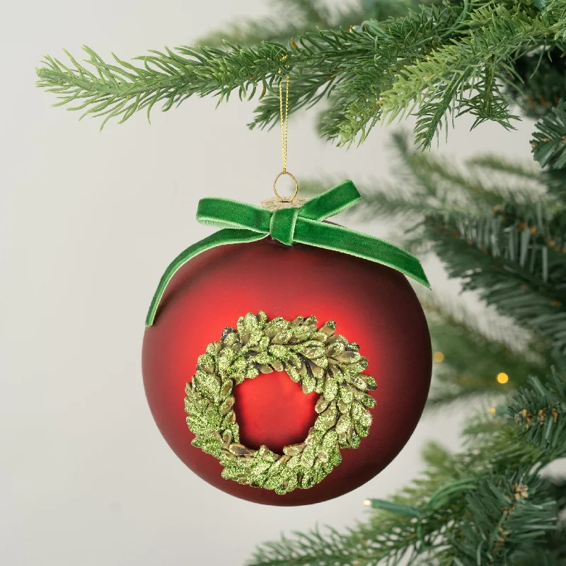 Matte Red Ball Ornament with Festive Wreath Detailing