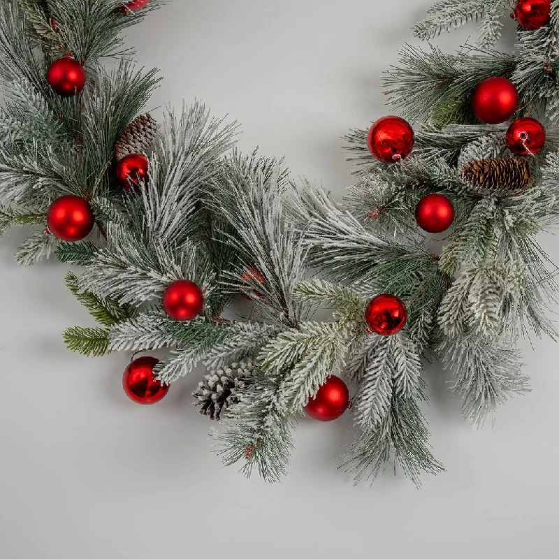 Flocked Festive Foliage Garland with Red Balls & Pinecones