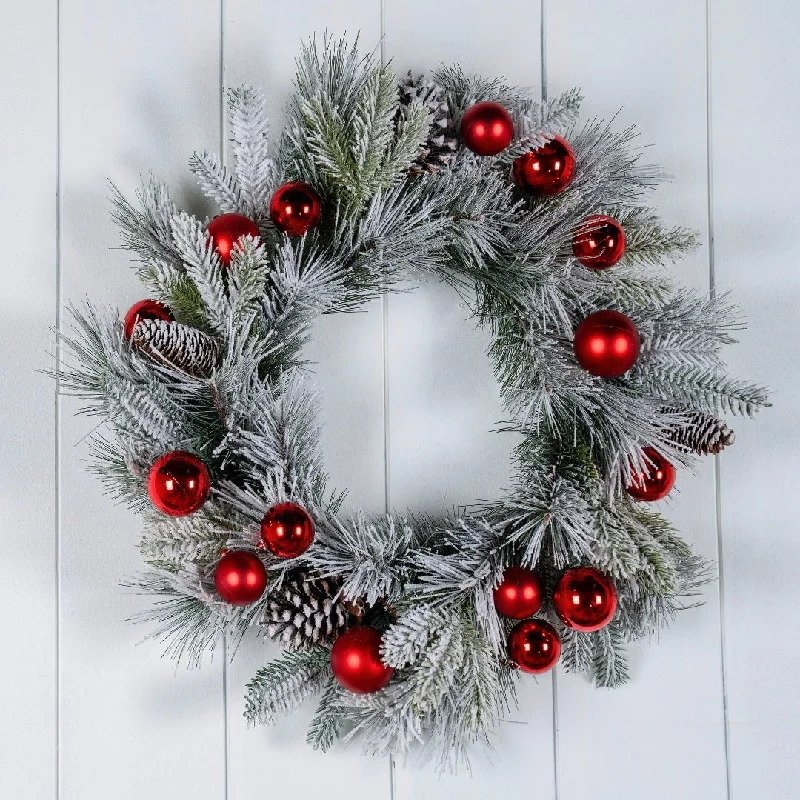 Flocked Festive Foliage Wreath with Red Balls & Pinecones