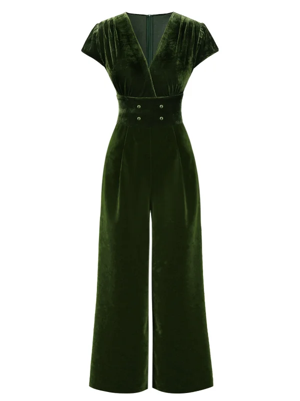 [Pre-Sale] Green 1930s Buttoned V-Neck Velvet Jumpsuit