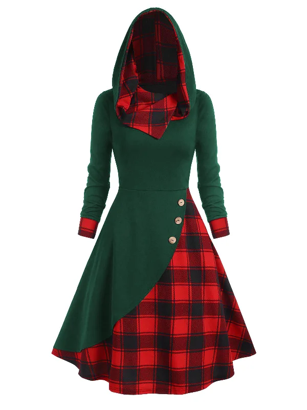 Green&Red 1950s Christmas Plaids Hooded Dress