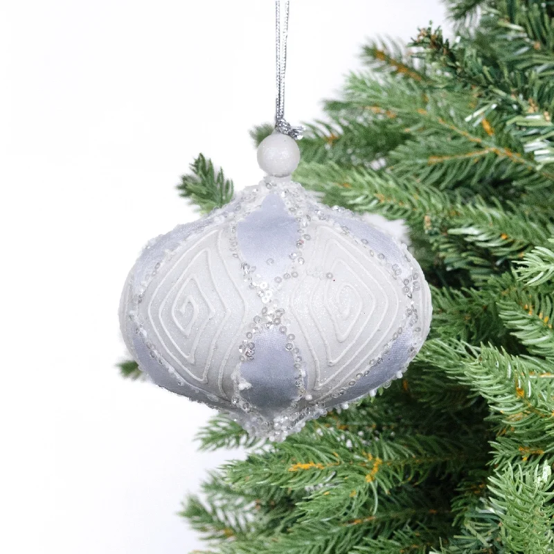 Ivory Patterned Onion Ornament with Silver Sequins