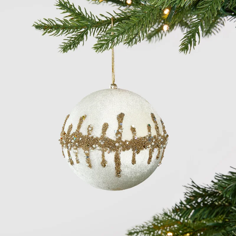 Ivory & Platinum Deluxe Velvet Glitter Ball Ornament