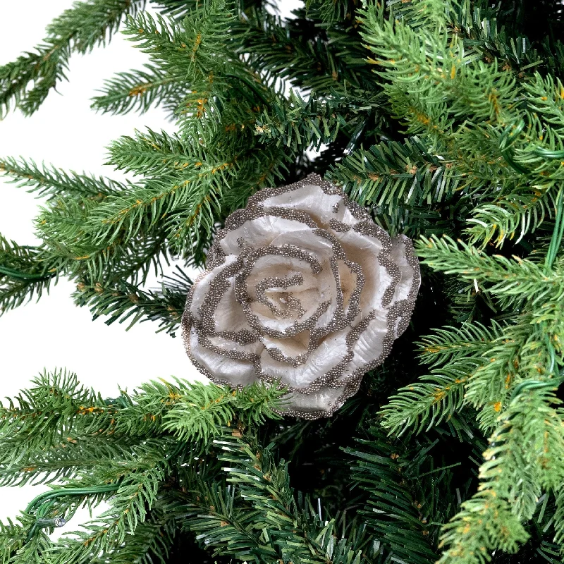 Ivory & Silver Festive Rose Clip-on Ornament