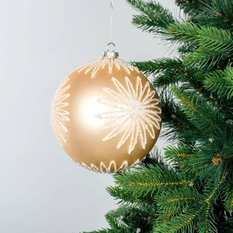 Matte Champagne Ball Ornament with White Glitter Blooms