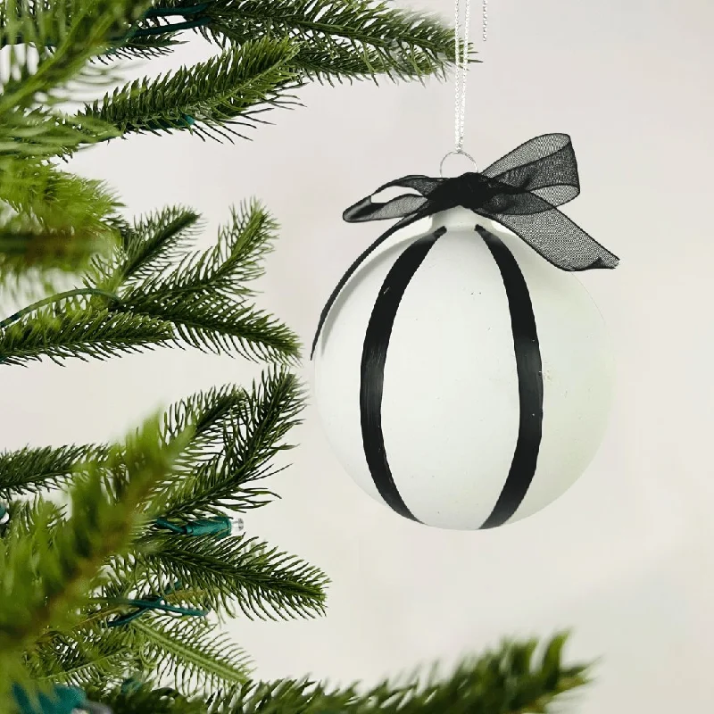 Matte White Ball Ornament with Black Stripes & Ribbon