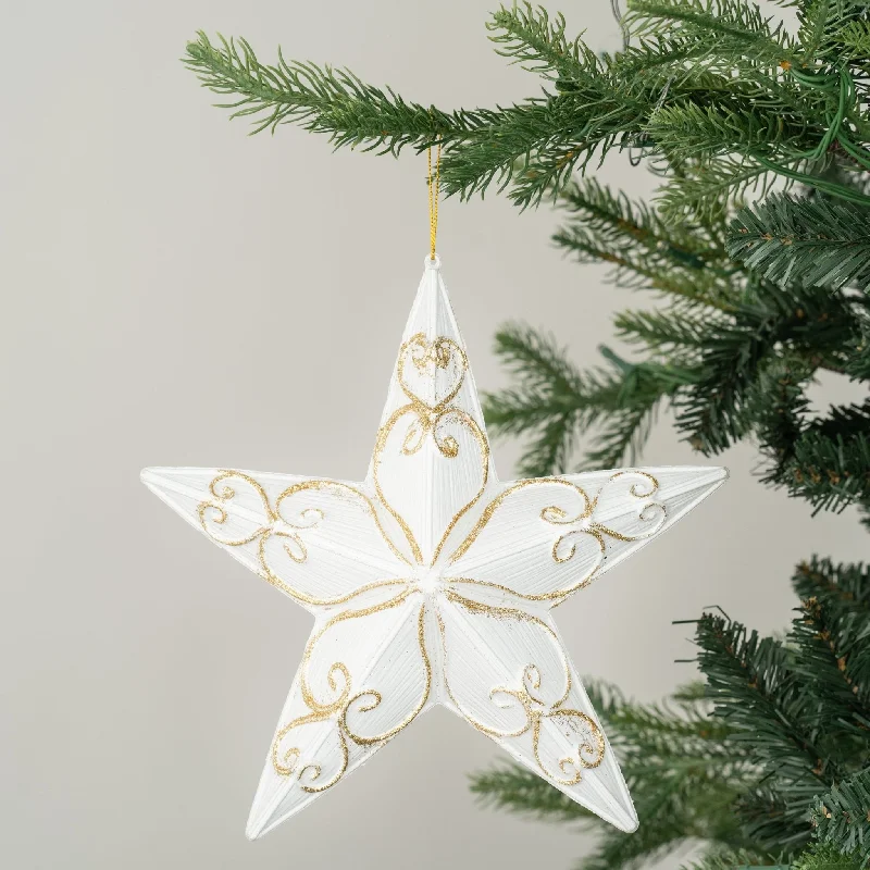 Matter White Star Ornament Engraved with Gold Glitter