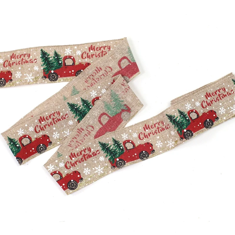 50mm x 2M Merry Christmas Red Truck Wired Ribbon 5002002