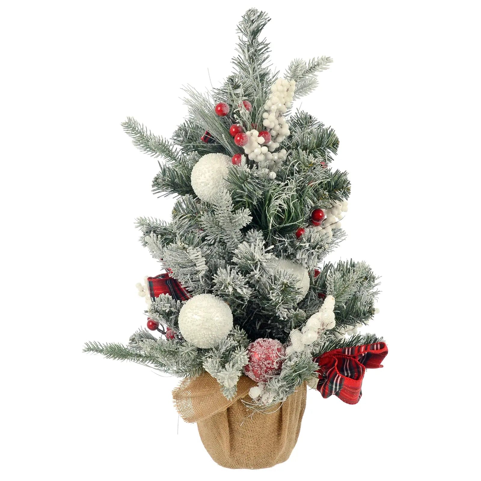 Mini Christmas Tree Red White Baubles Berries Tartan Snow 60cm