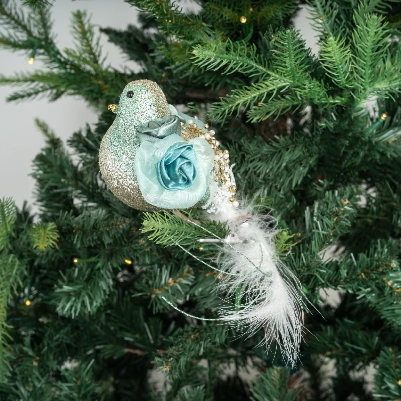 Mint Bird Clip-on Ornament with Satin Flower