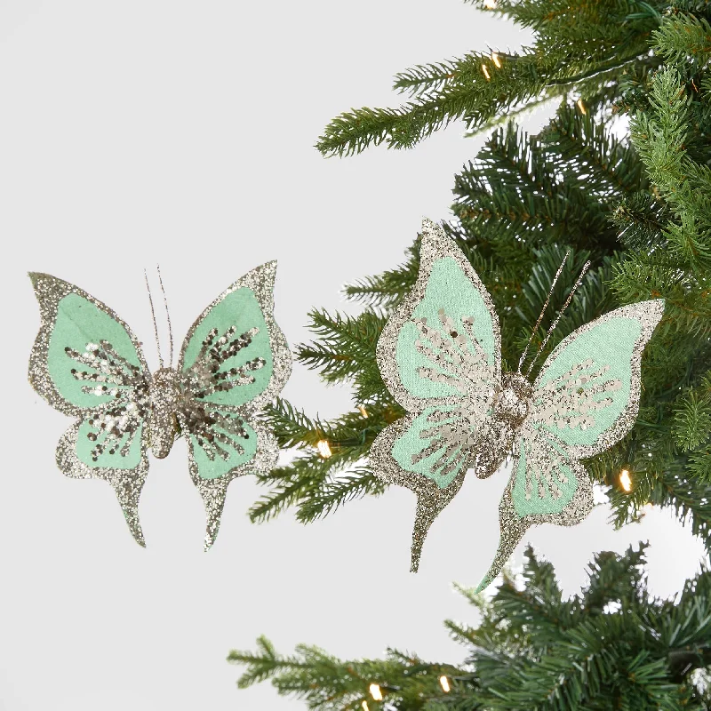 Mint Green Butterfly Clip-on Ornament with Gold Glitter