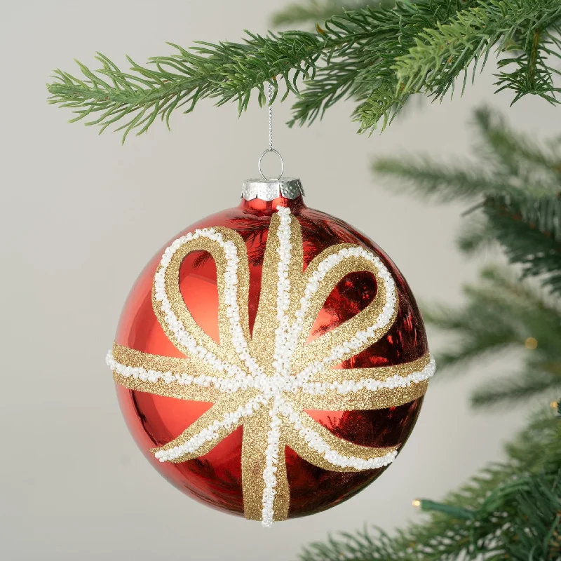 Mirrored Red Ball Ornament with Bow Patterning