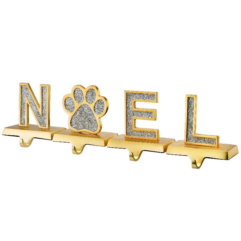 5 in. 4-Piece Silver Sparkle NOEL Christmas Stocking Holders, Silver and Gold with Paw Print