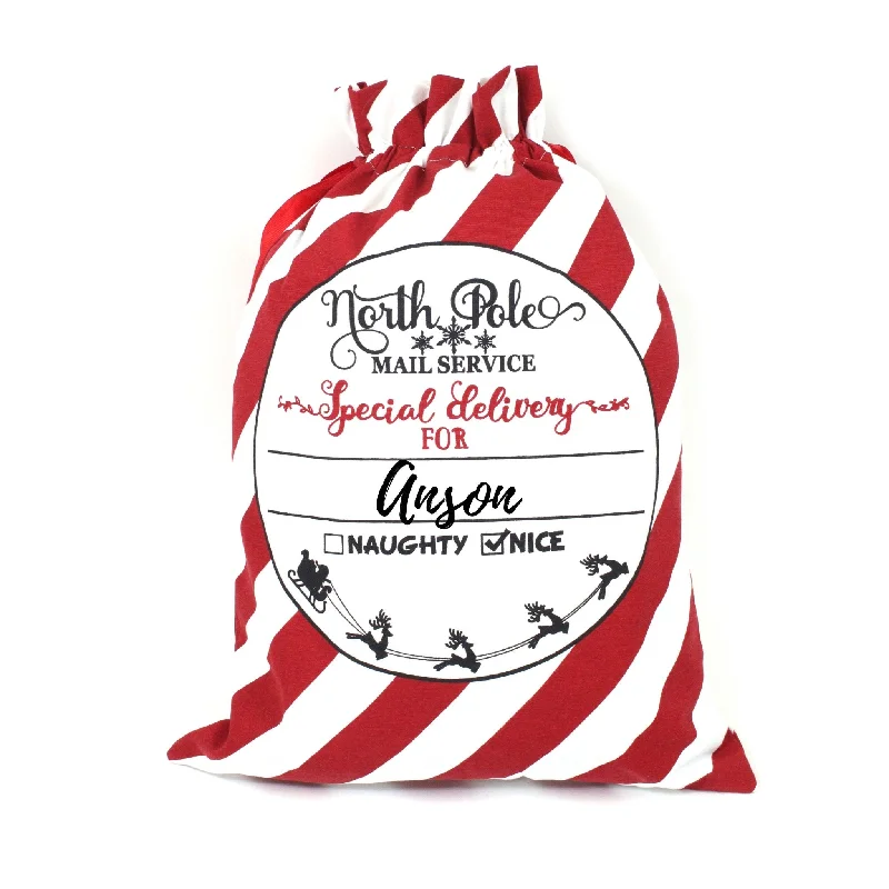 Personalised North Pole Mail Service Candy Cane Santa Sack SAC001