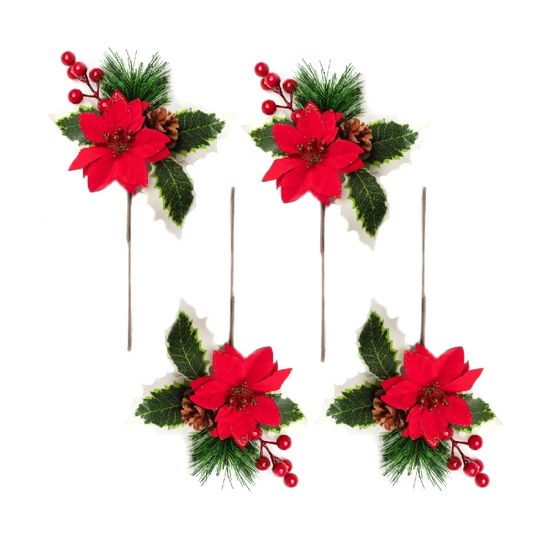 4pcs 26cm Poinsettia Red Berries Pick 01704