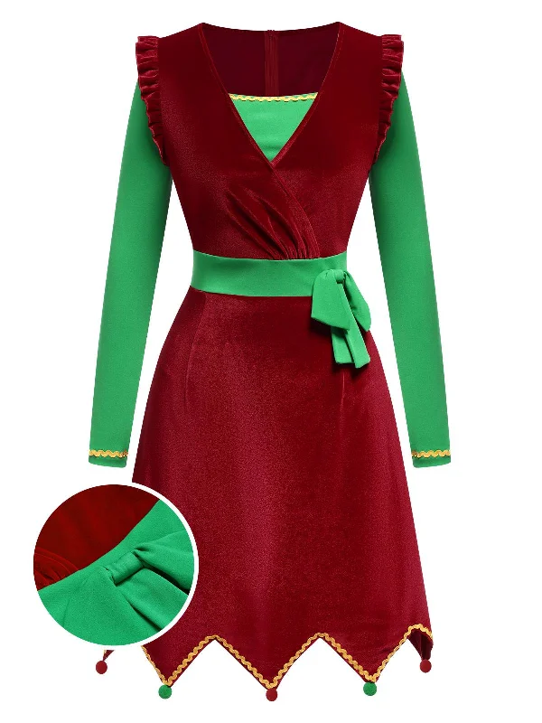 Red 1960s Christmas Wave Hem Contrast Dress