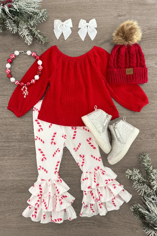 Red Candy Cane Ruffle Bell Bottom Set