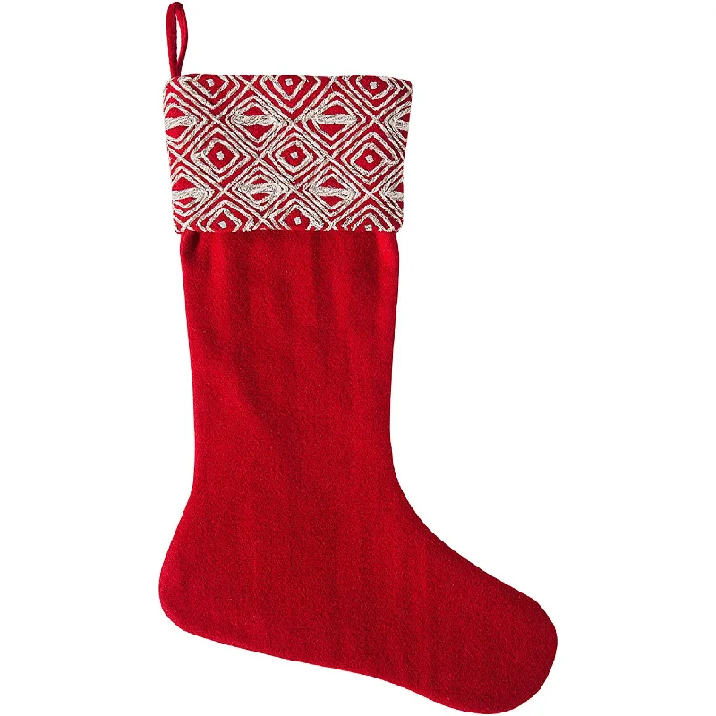 Red Christmas Stocking with Geo Embroidered Cuff in Recycled Wool