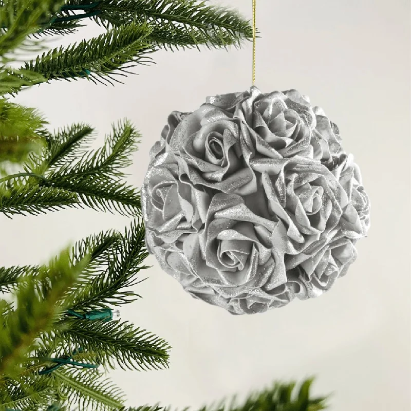 Large Silver Glitter Rose Flower Ornament