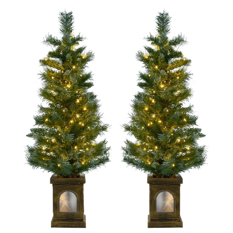 Set Of 2 Pre-Lit 4ft Christmas Trees Frosted Garden Pathway