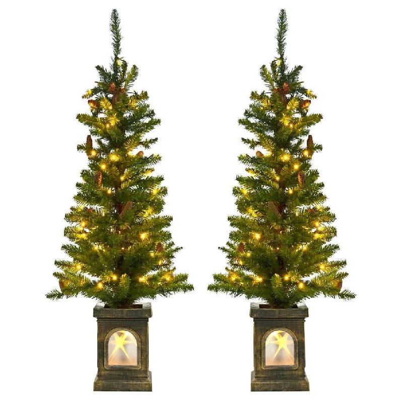 Set Of 2 Pre-Lit 4ft Green Pine Cone Christmas Pathway Trees