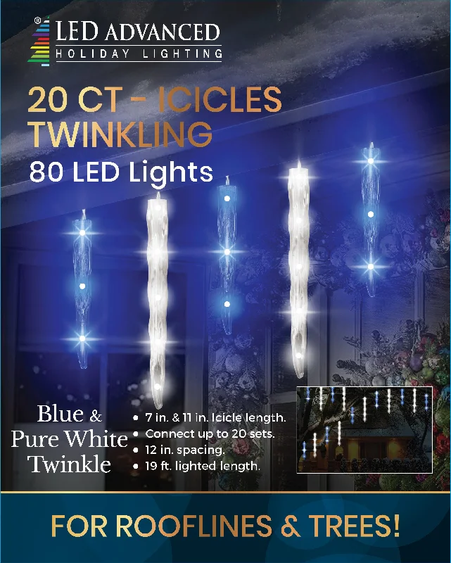 (Blue & Pure White) Twinkling LED icicle lights pre-lit with 80 Blue and Pure White lights