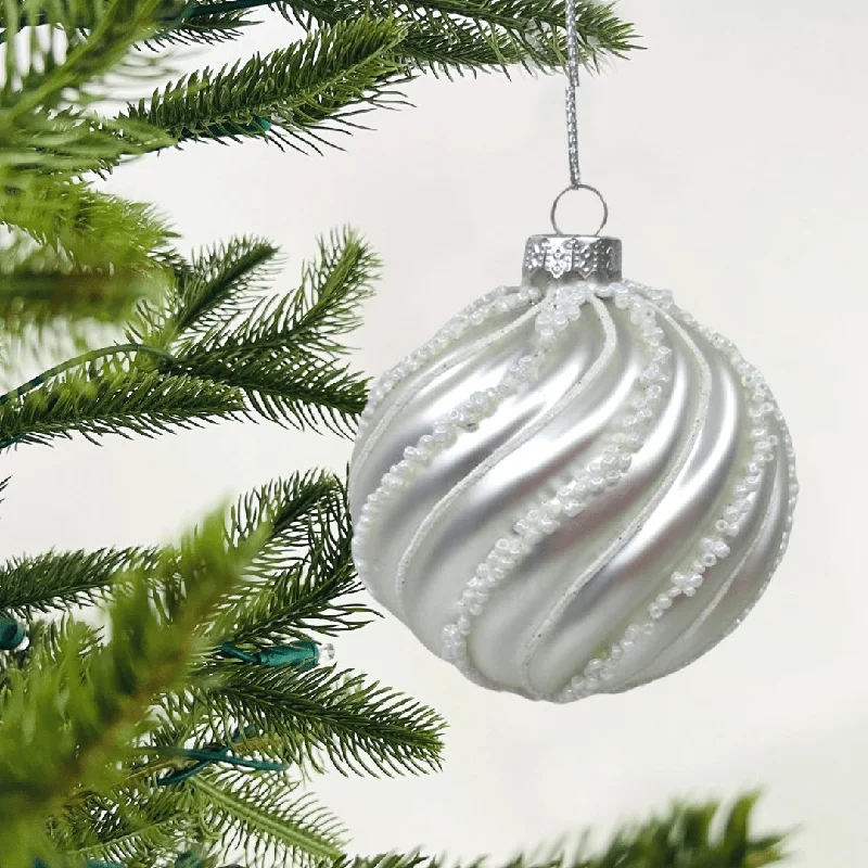 Matte White Ball Ornament with White Beads