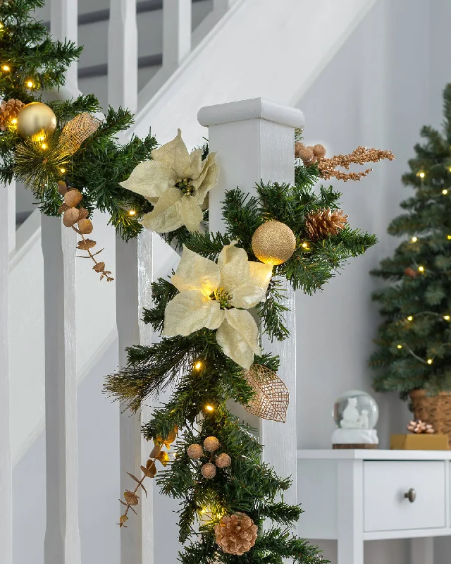 Pre-Lit Multi-Function Decorated Garland, Cream/Gold, 9 ft