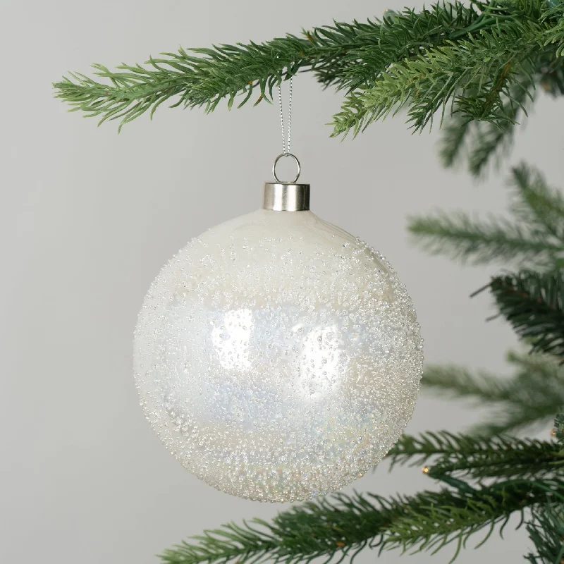 Iridescent White Glass Ball Ornament with Sugar Beads